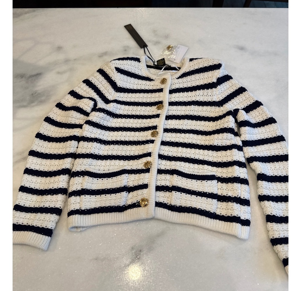 House of Harlow 1960 Striped Knit Cardigan Sweater Navy White Gold Buttons